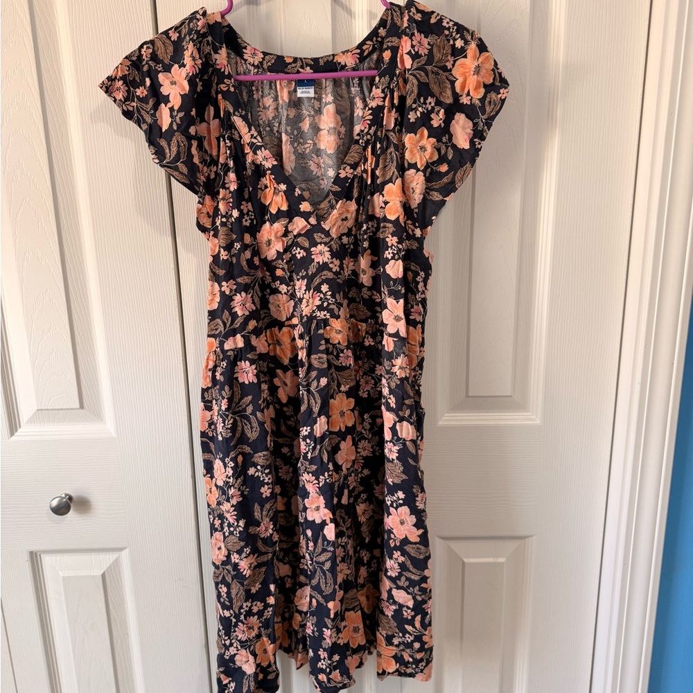 Old Navy Navy Dress with Peach Floral Print